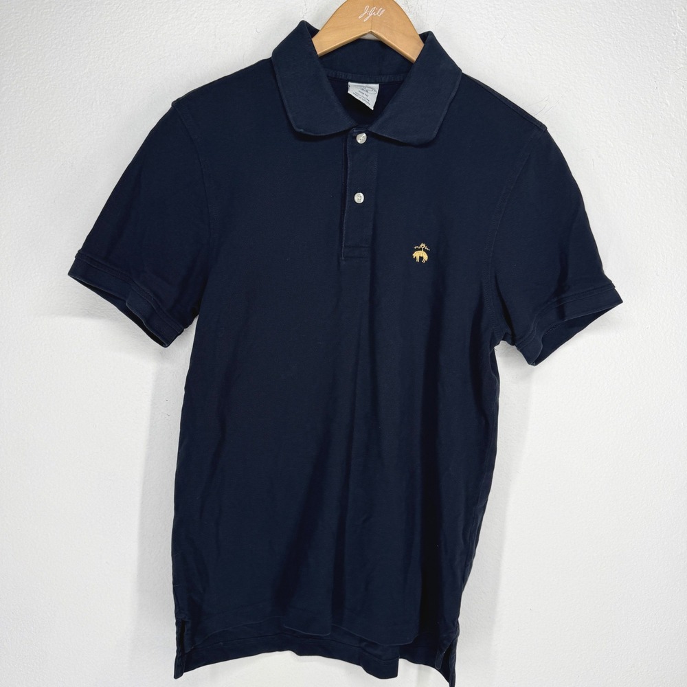 Brooks Brothers 1818 Slim Fit Polo Shirt Mens Medium Navy Blue Gold Fleece Logo